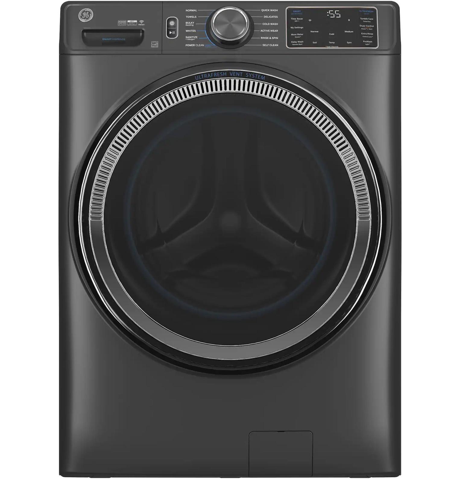 Package - GE - 5.0 Cu. Ft. Stackable Smart Front Load Washer with Steam, SmartDispense and Odorblock Ultra Fresh Vent System and 7.8 Cu. Ft. Stackable Smart Gas Dryer with Steam - Carbon Graphite