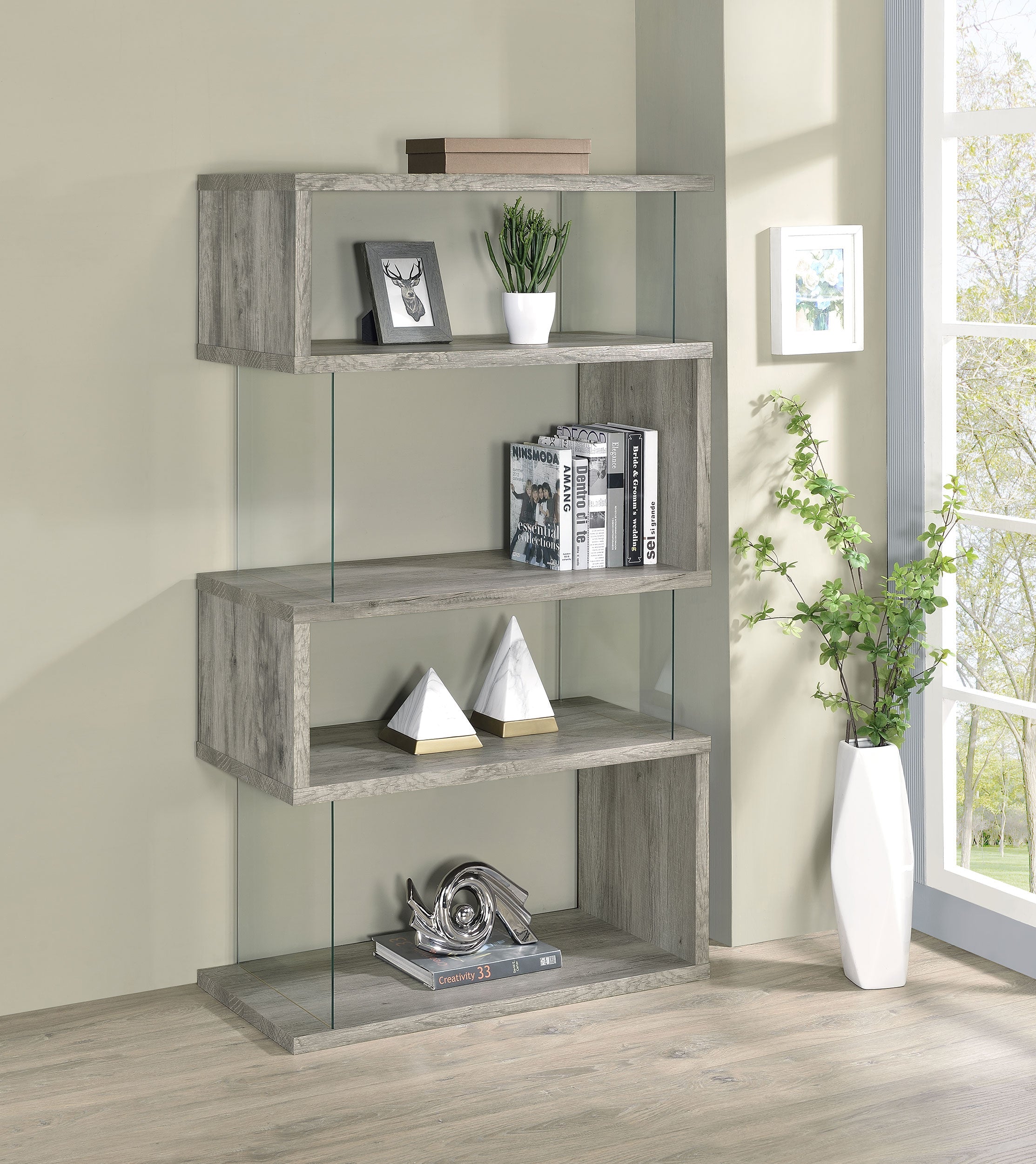 Emelle 63-inch 4-shelf Glass Panel Bookshelf Black