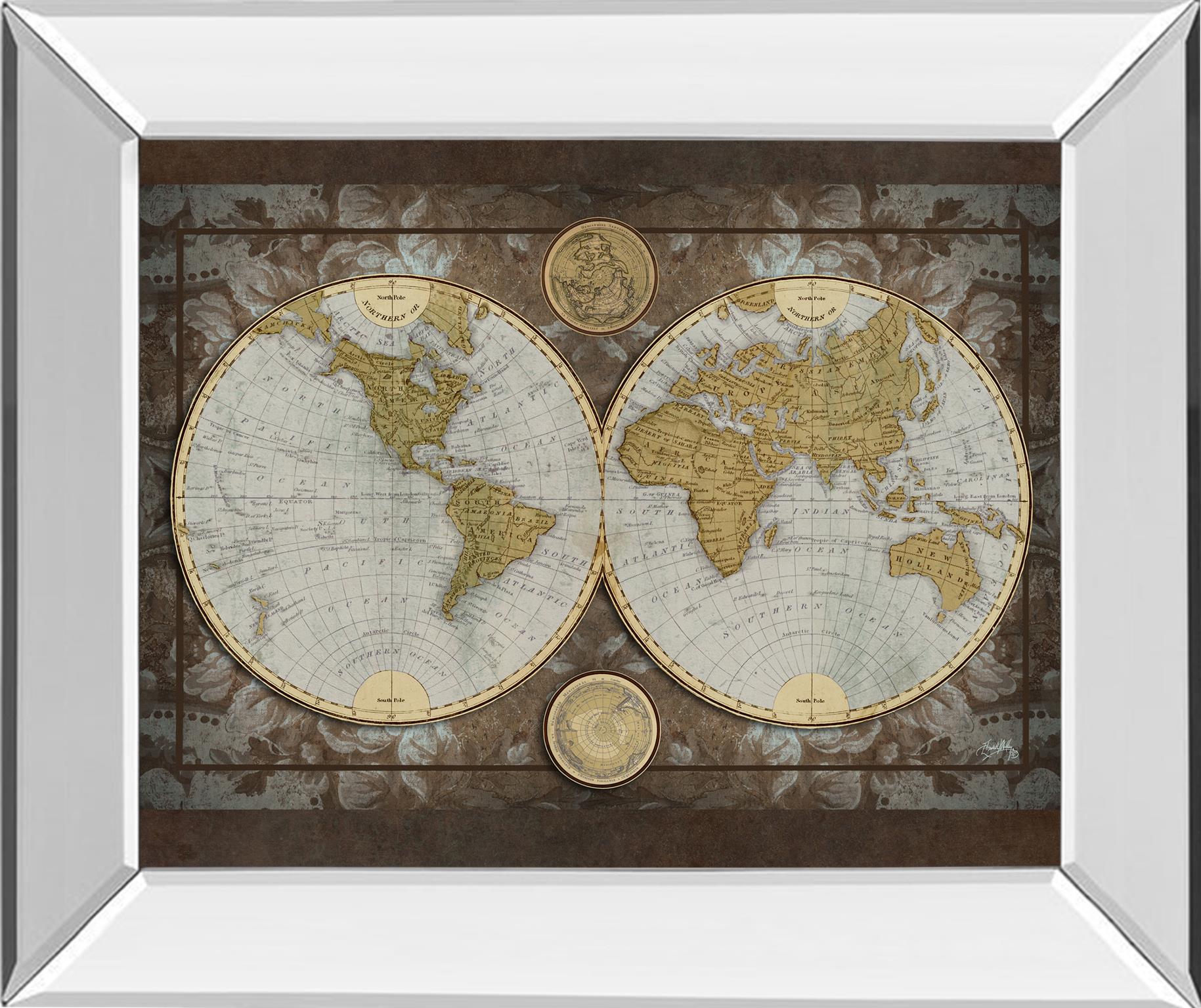 Mirrored Frame World Map By Elizabeth Medley 22X26 Mirror Frame Print