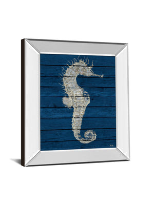 Mirrored Frame Antique Seahorse On Blue I By Patricia Pinto 22X26 Mirror Frame Print