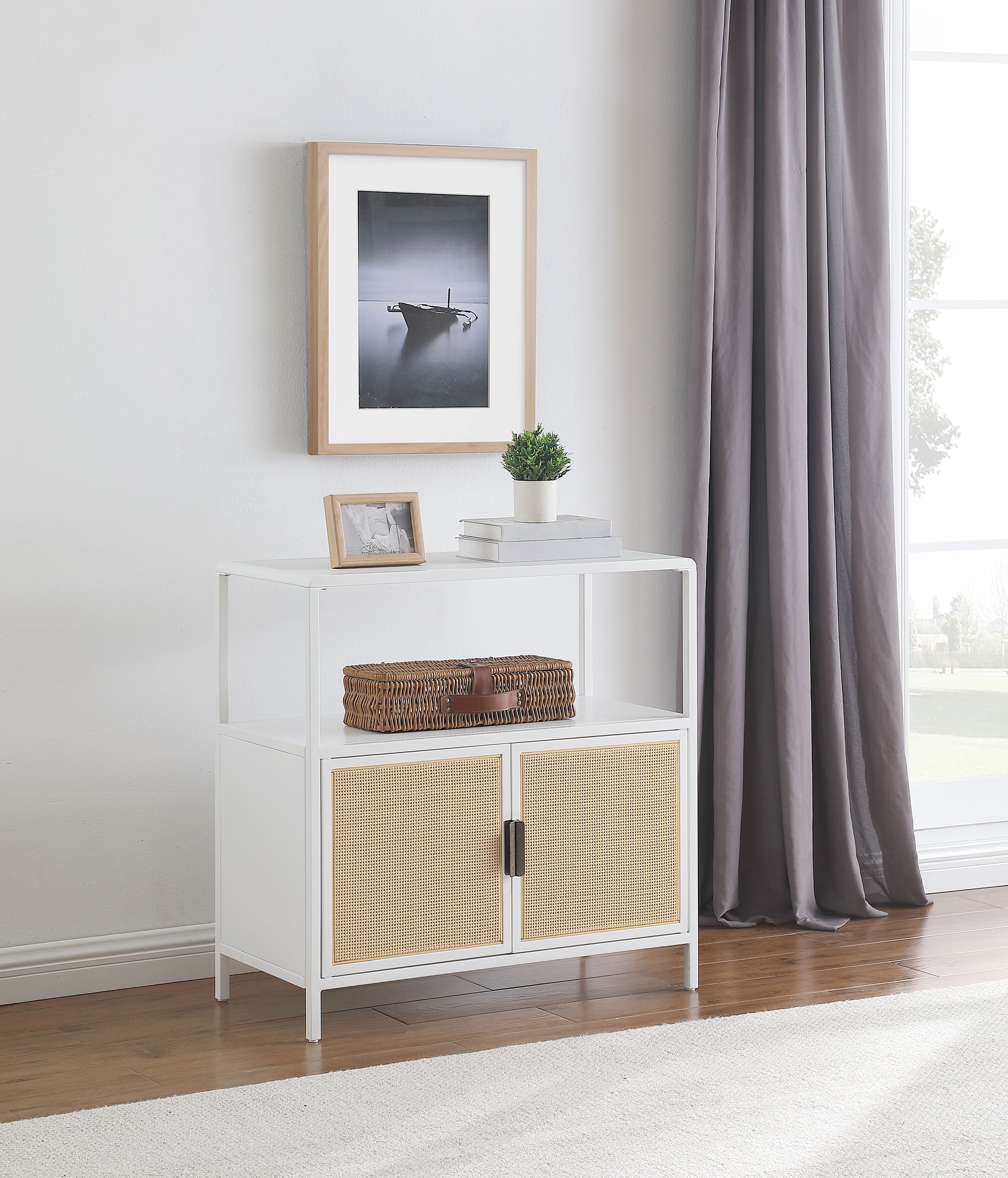 Amherst 3-shelf Radio Weave Cane Metal Accent Cabinet White