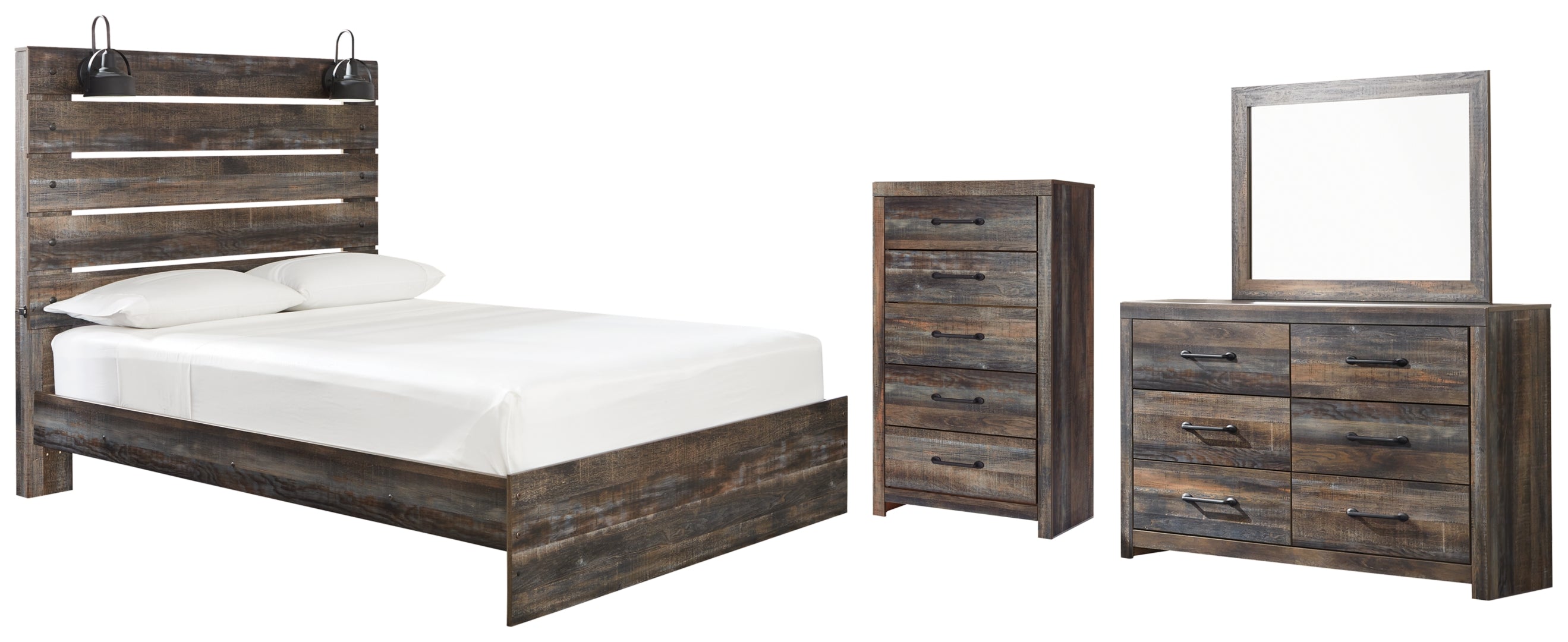 Drystan Queen Panel Bed with 2 Storage Drawers with Mirrored Dresser and Nightstand