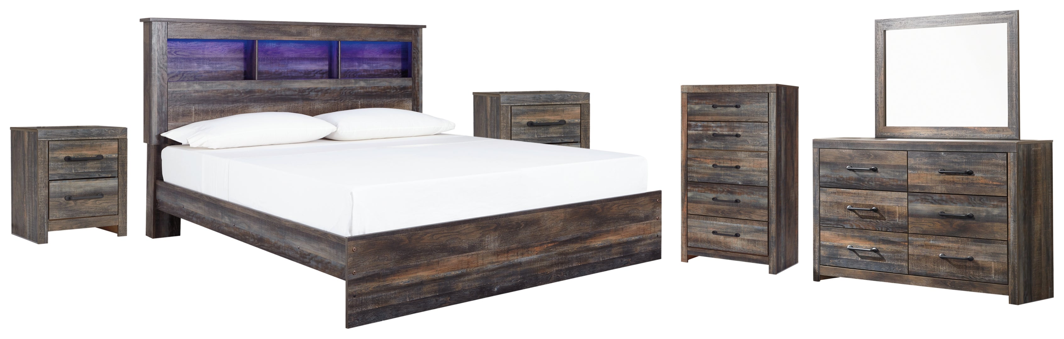 Drystan King Panel Bed with Storage with Mirrored Dresser, Chest and Nightstand