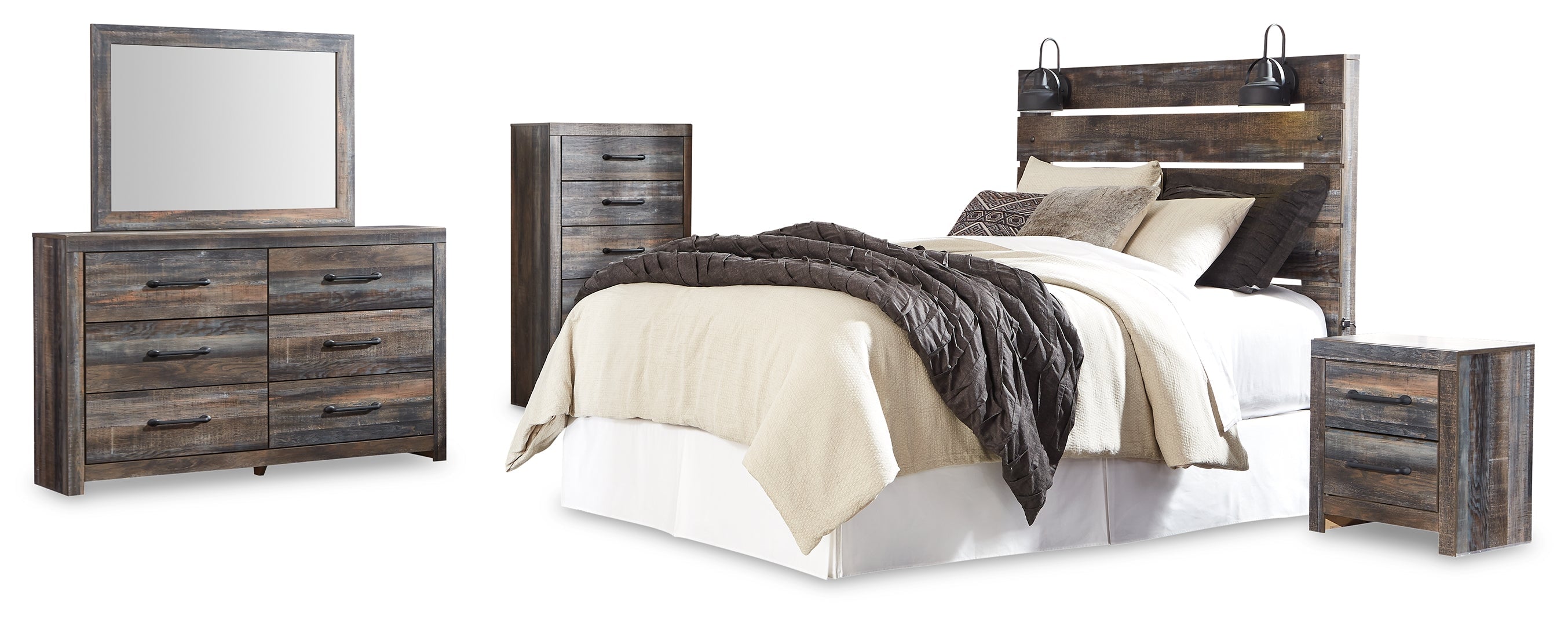 Drystan Queen Panel Bed with Mirrored Dresser and Nightstand