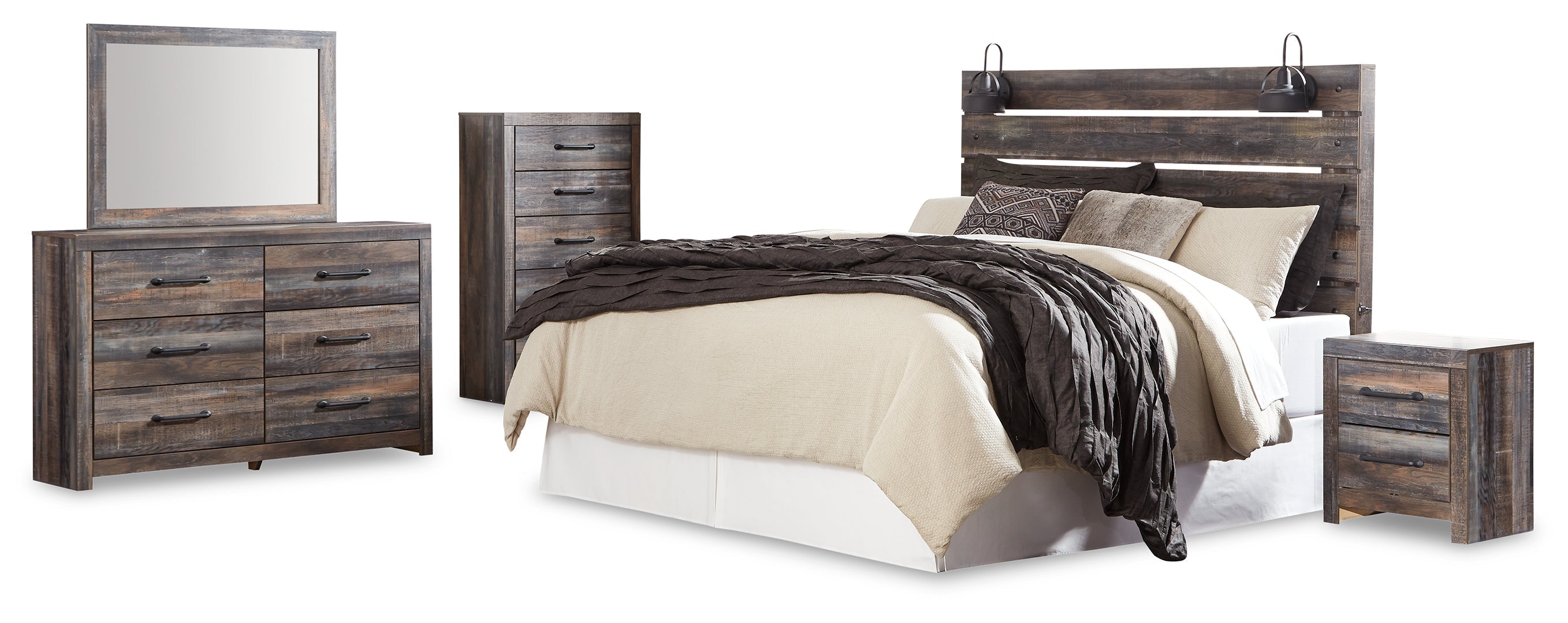 Drystan King Panel Bed with Storage with Mirrored Dresser, Chest and Nightstand