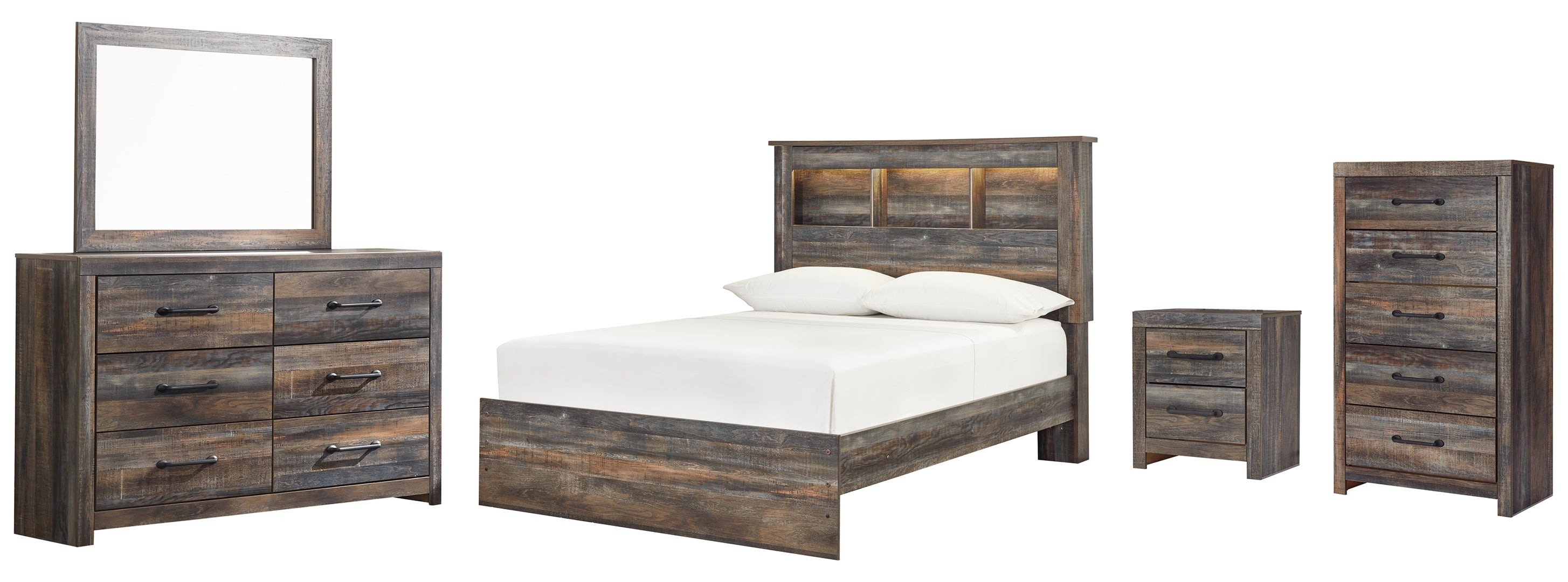 Drystan Full Bookcase Bed with 2 Storage Drawers with Mirrored Dresser, Chest and Nightstand