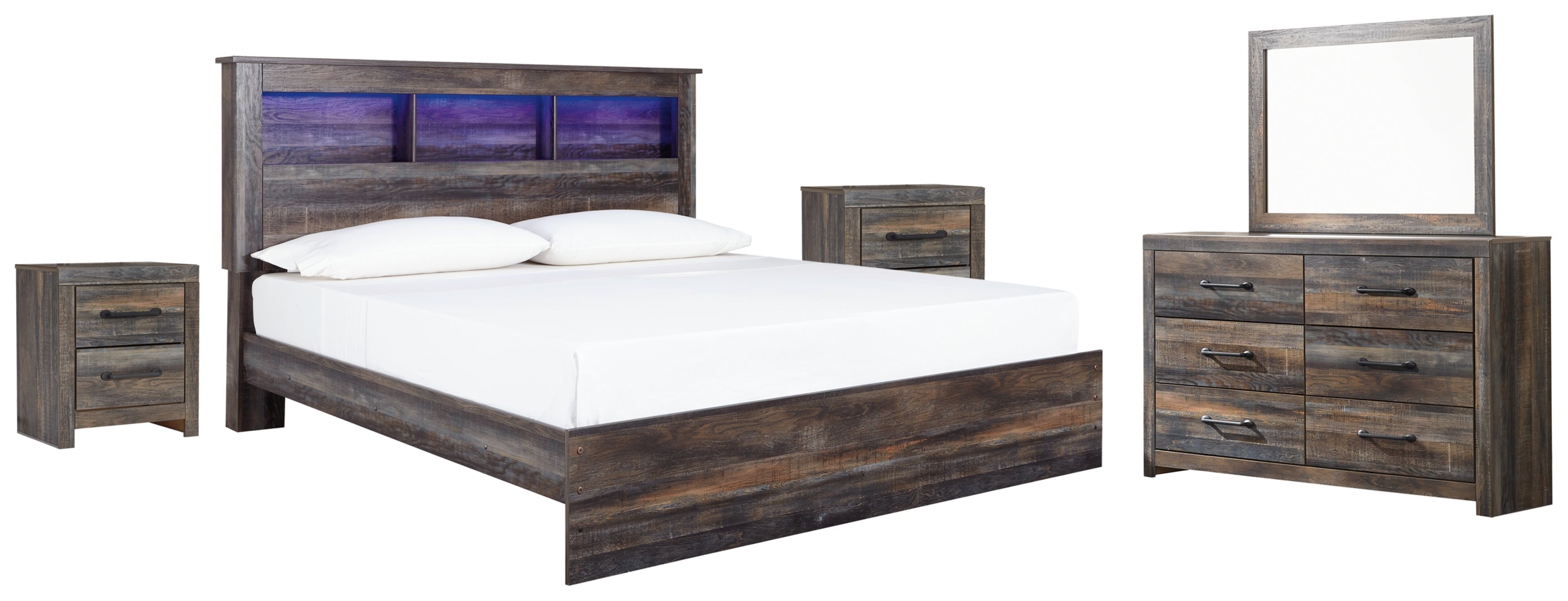 Drystan King Panel Bed with Storage with Mirrored Dresser, Chest and Nightstand