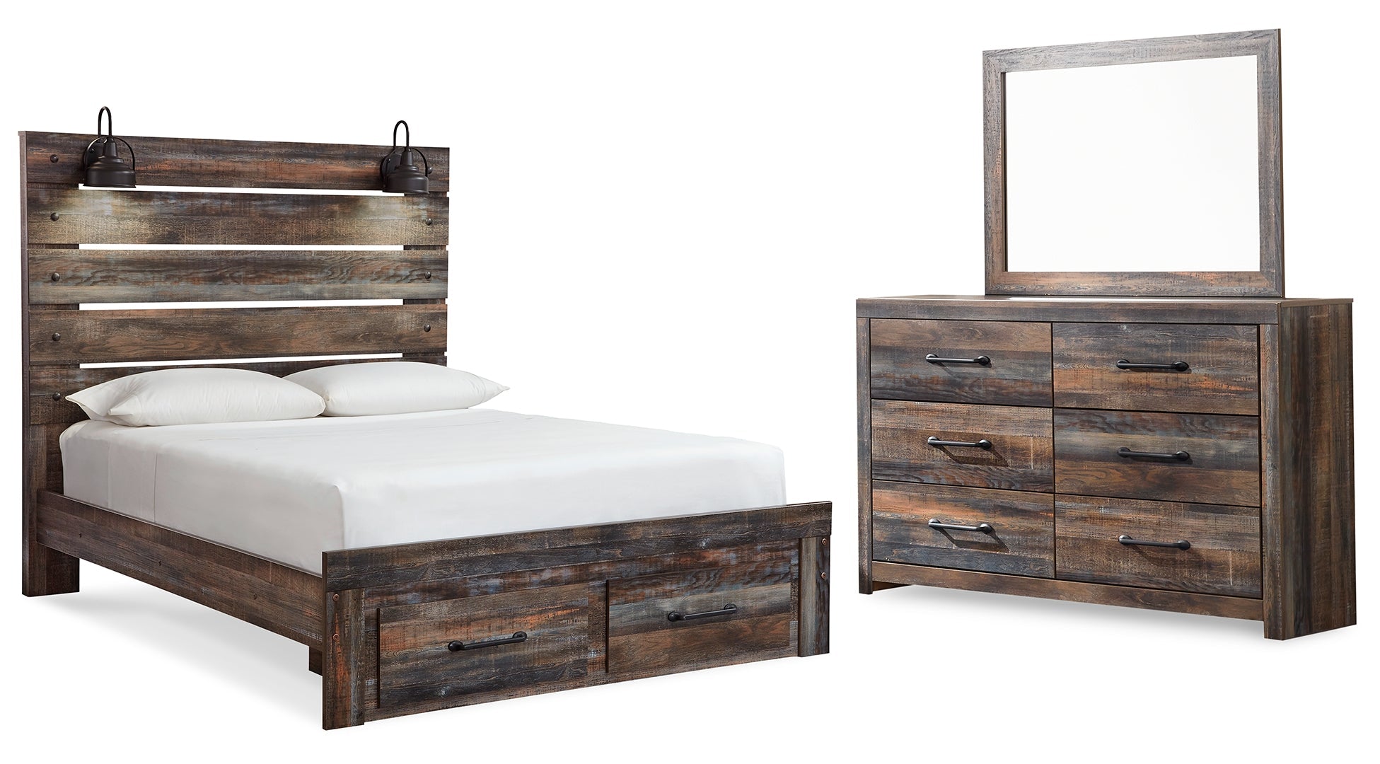 Drystan Queen Bookcase Bed with 4 Storage Drawers with Mirrored Dresser and Chest