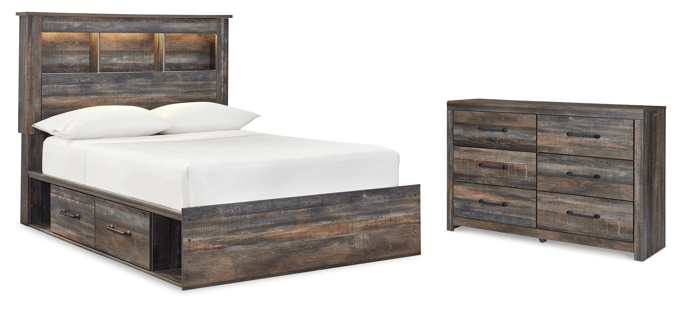 Drystan Full Bookcase Bed with 2 Storage Drawers with Mirrored Dresser, Chest and Nightstand