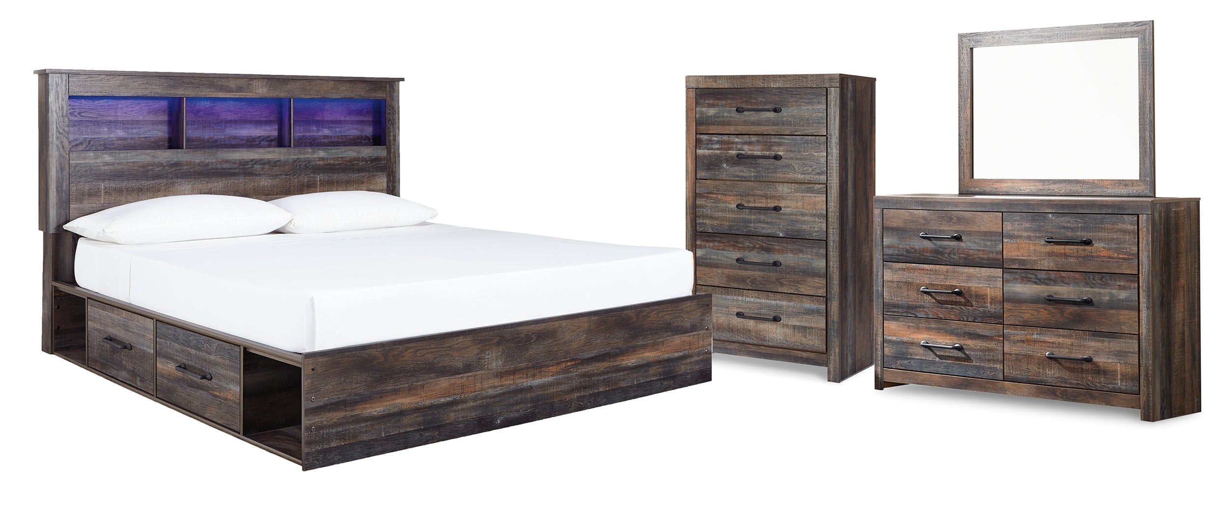 Drystan King Bookcase Bed with 4 Storage Drawers with Mirrored Dresser and 2 Nightstands