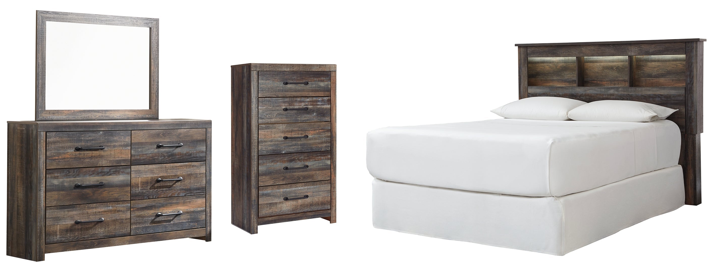 Drystan Queen Panel Bed with Mirrored Dresser and Nightstand