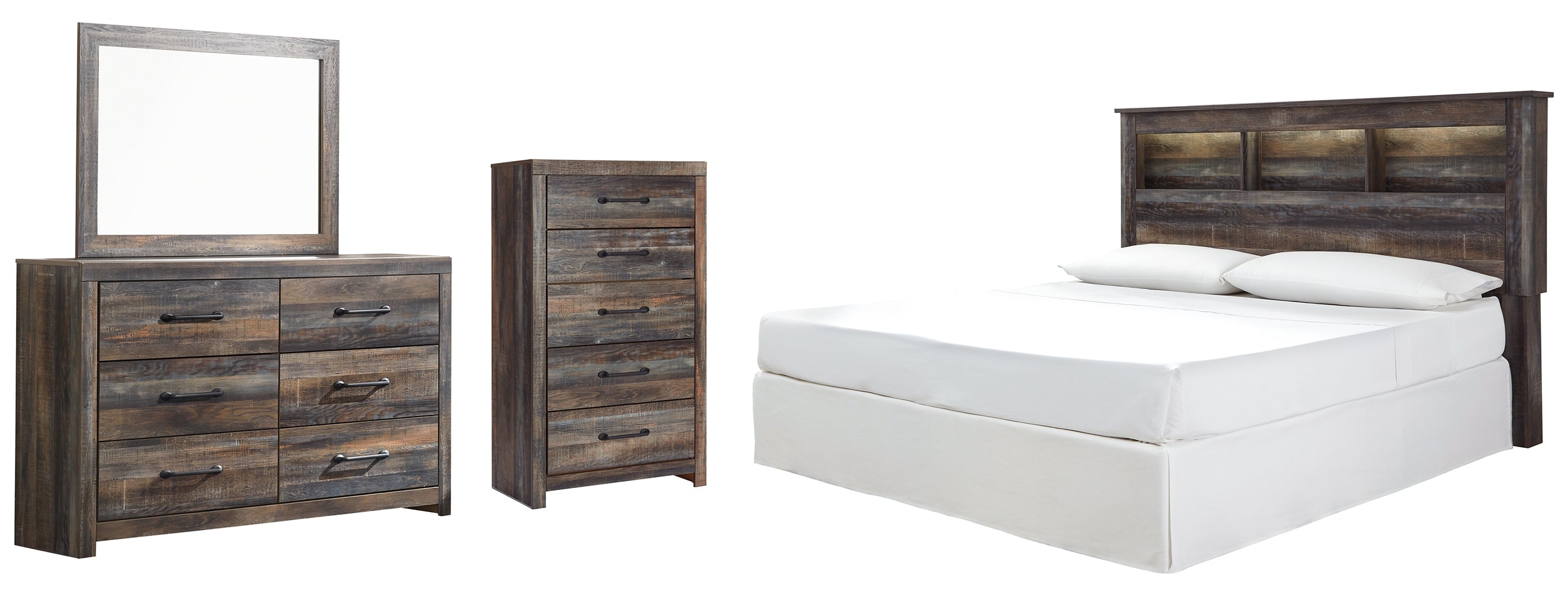 Drystan King Panel Bed with Storage with Mirrored Dresser, Chest and Nightstand