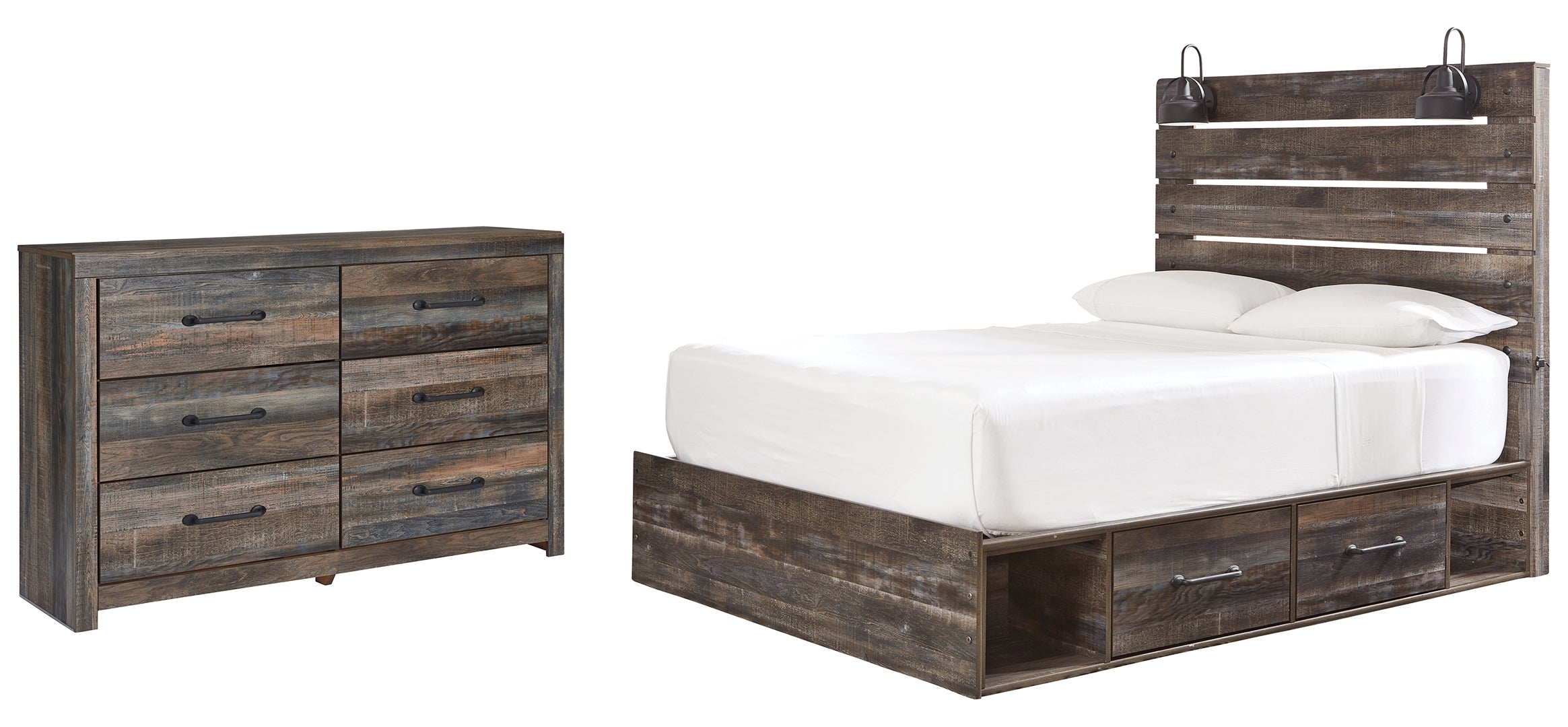 Drystan Queen Bookcase Bed with 4 Storage Drawers with Mirrored Dresser and Chest