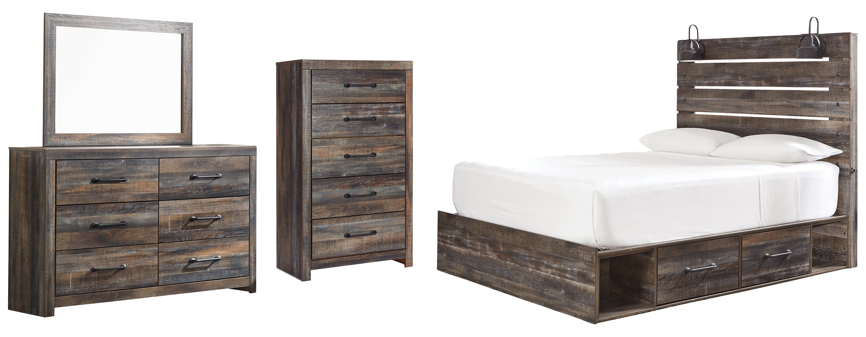 Drystan Queen Bookcase Bed with 4 Storage Drawers with Mirrored Dresser and Chest