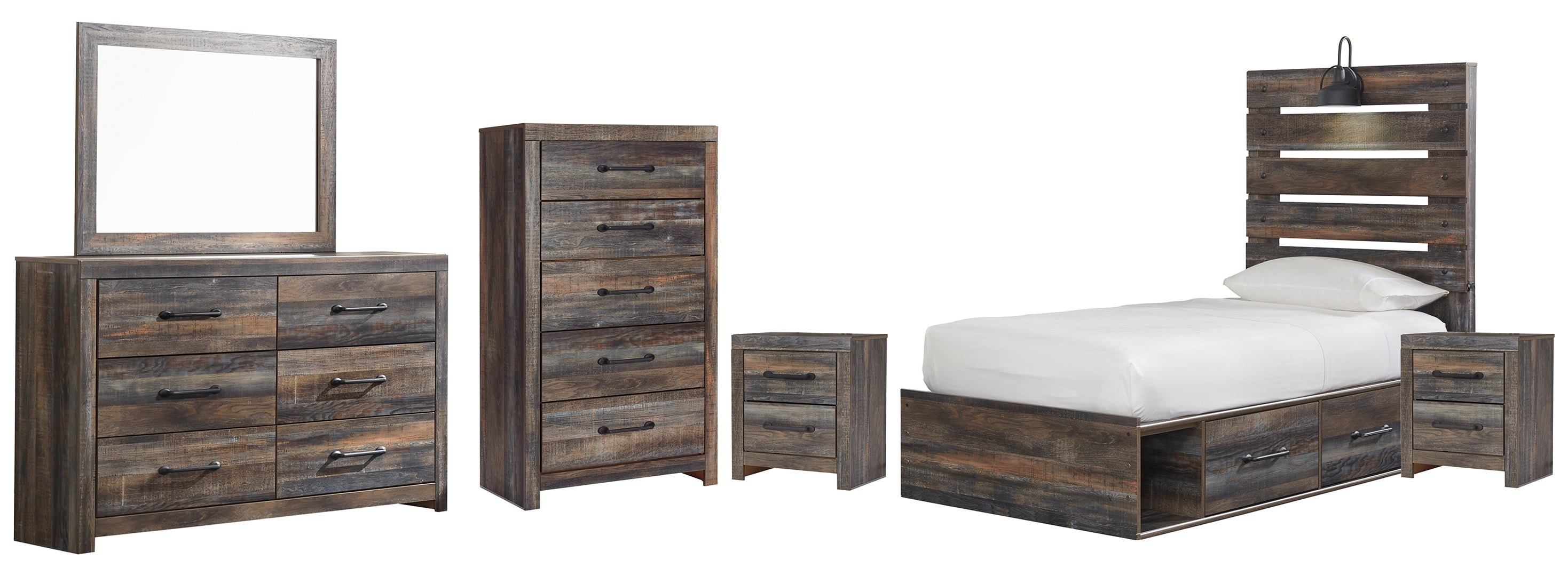 Drystan Twin Panel Bed with 2 Storage Drawers with Dresser
