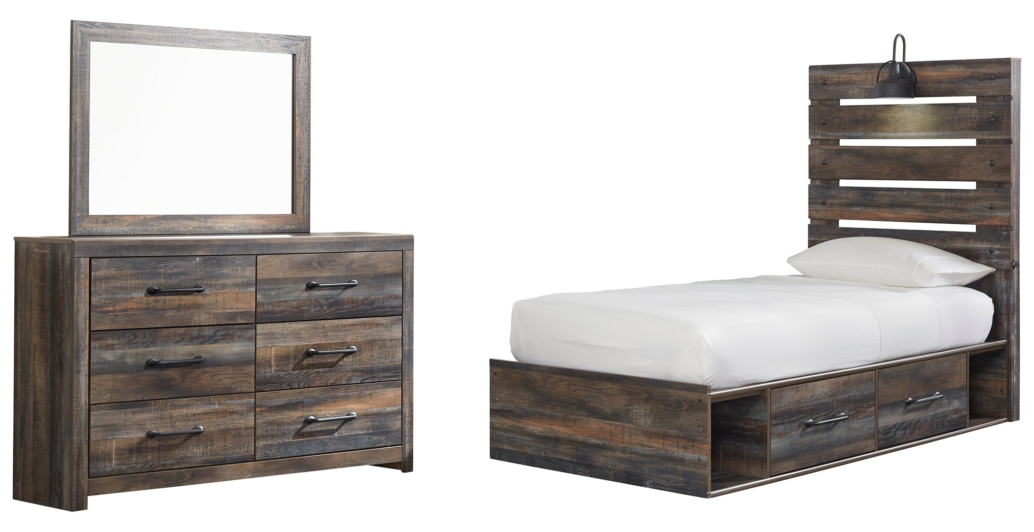Drystan Twin Panel Bed with 2 Storage Drawers with Dresser
