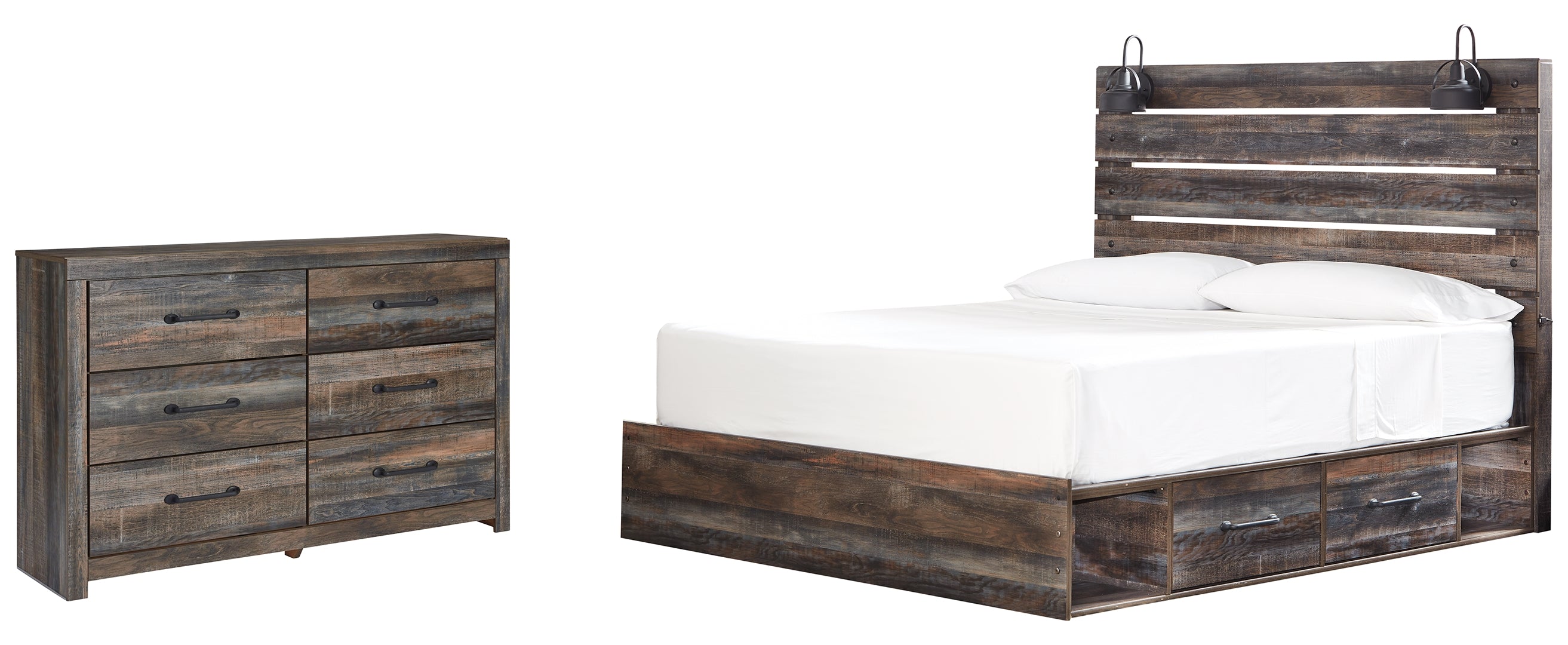 Drystan King Bookcase Bed with 4 Storage Drawers with Mirrored Dresser and 2 Nightstands