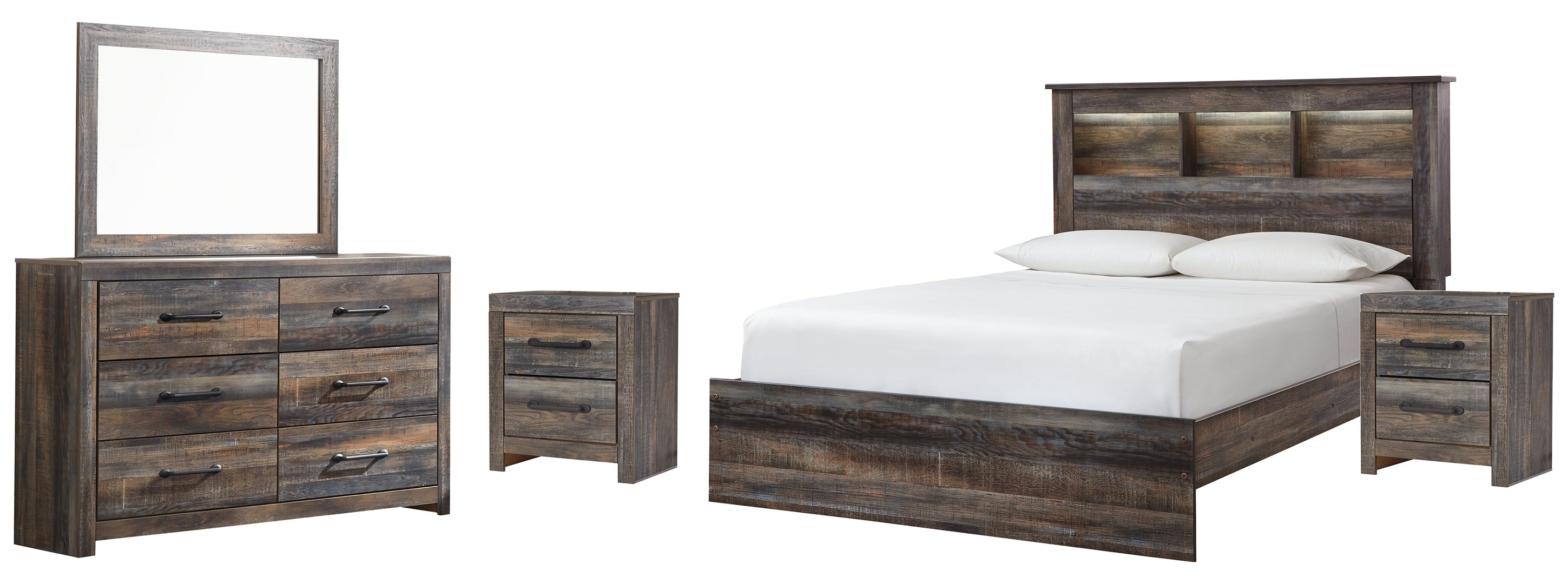 Drystan Queen Bookcase Bed with 4 Storage Drawers with Mirrored Dresser and Chest