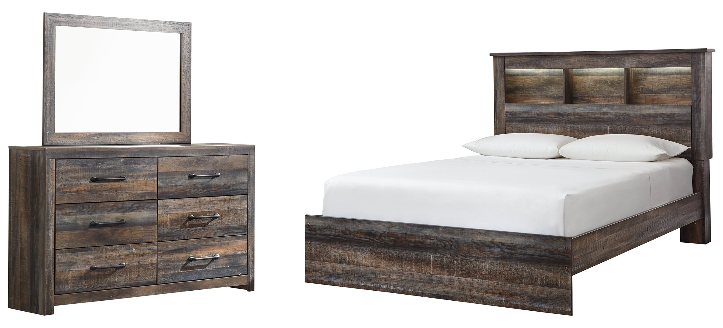 Drystan Queen Bookcase Bed with 4 Storage Drawers with Mirrored Dresser and Chest