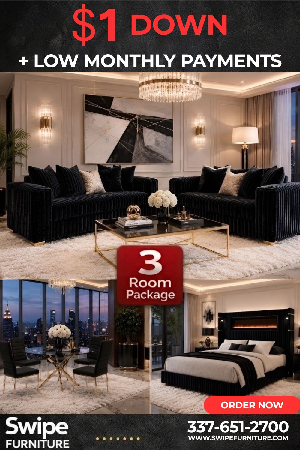 Zen Black 3-Room Package - Free Mattress or 65" Smart TV!