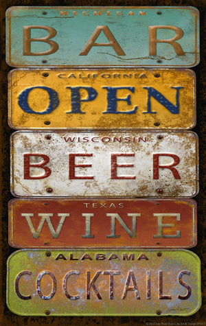 License Plate Bar Open By Jean Plout (Framed) Giclee Canvas