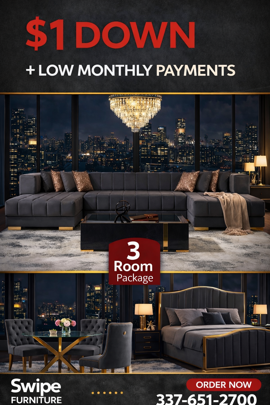 Zuma Gray 3 Room Package Mattress and 55” Smart Tv Included