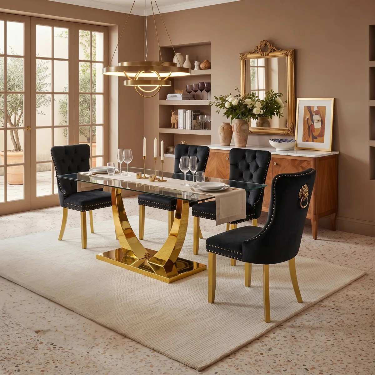 Modern 63" Rectangular Tempered Glass Dining Set with Pedestal Base and Tufted Velvet Chairs (Black)
