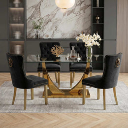 Modern 63" Rectangular Tempered Glass Dining Set with Pedestal Base and Tufted Velvet Chairs (Black)