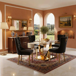 Modern 63" Rectangular Tempered Glass Dining Set with Pedestal Base and Tufted Velvet Chairs (Black)