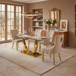 Modern 63" Rectangular Tempered Glass Dining Set with Pedestal Base and Tufted Velvet Chairs (Beige)