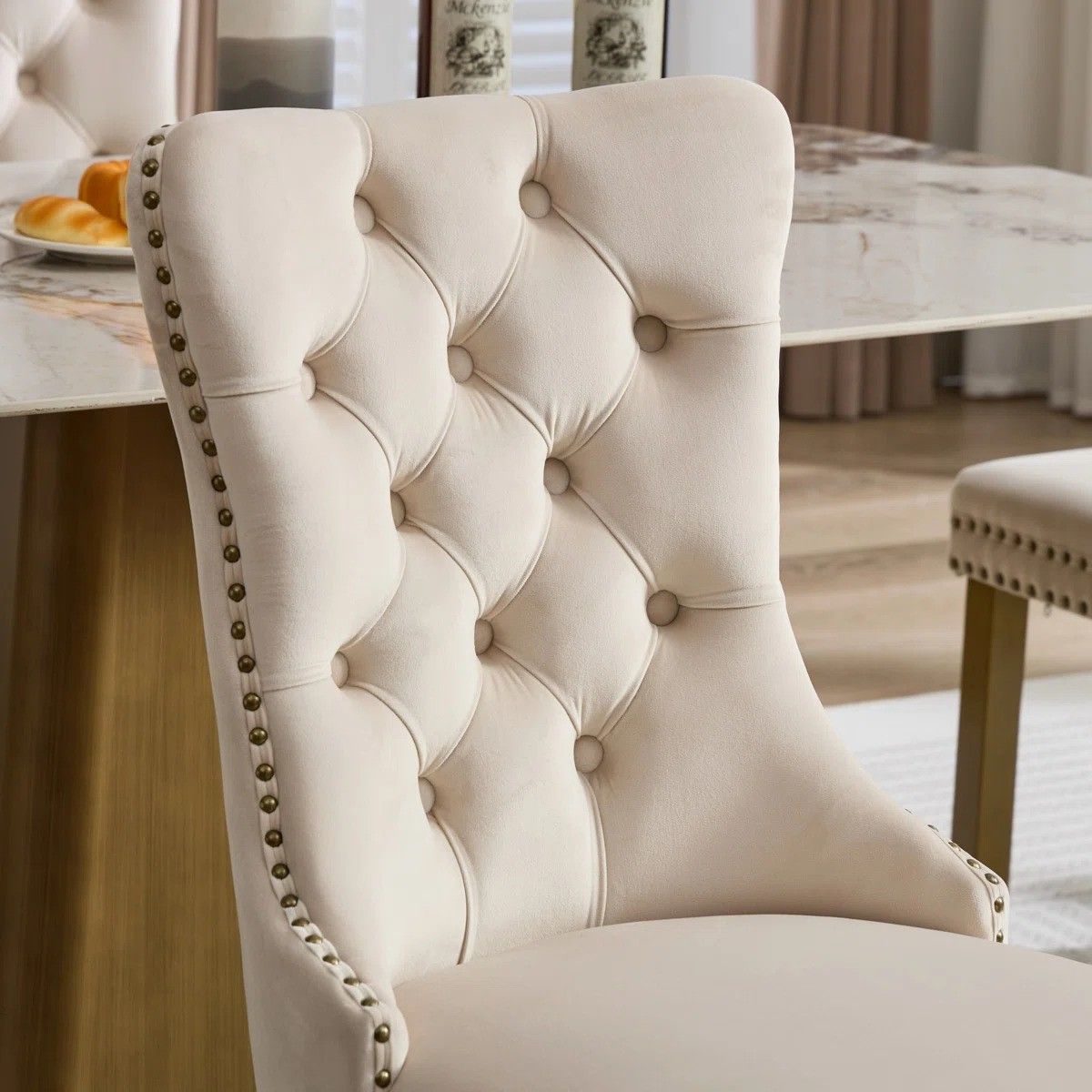 Modern 63" Rectangular Tempered Glass Dining Set with Pedestal Base and Tufted Velvet Chairs (Beige)