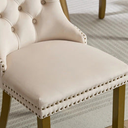 Modern 63" Rectangular Tempered Glass Dining Set with Pedestal Base and Tufted Velvet Chairs (Beige)
