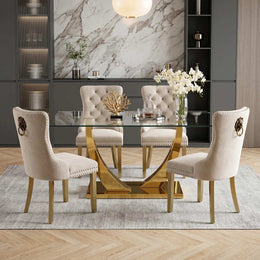 Modern 63" Rectangular Tempered Glass Dining Set with Pedestal Base and Tufted Velvet Chairs (Beige)