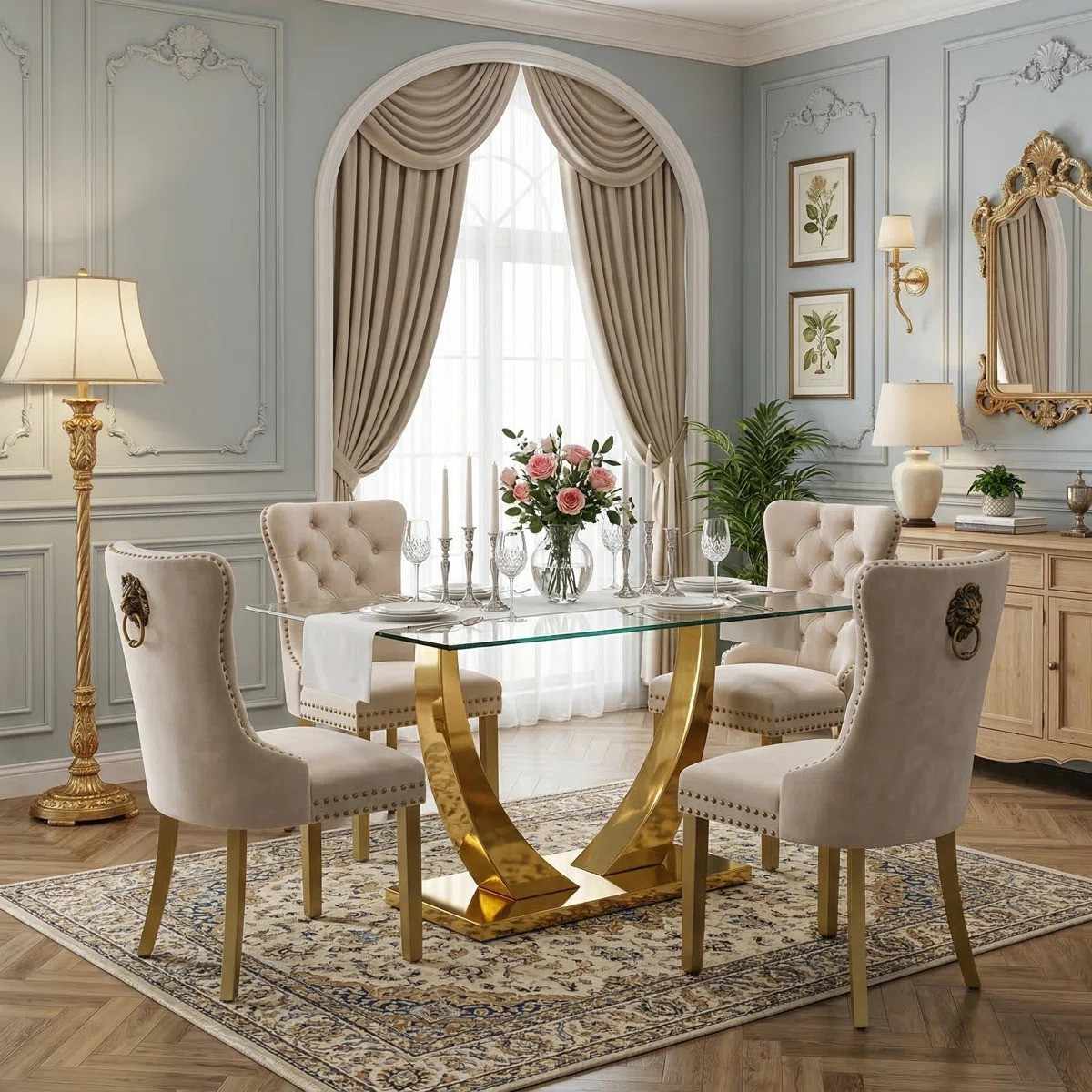Modern 63" Rectangular Tempered Glass Dining Set with Pedestal Base and Tufted Velvet Chairs (Beige)
