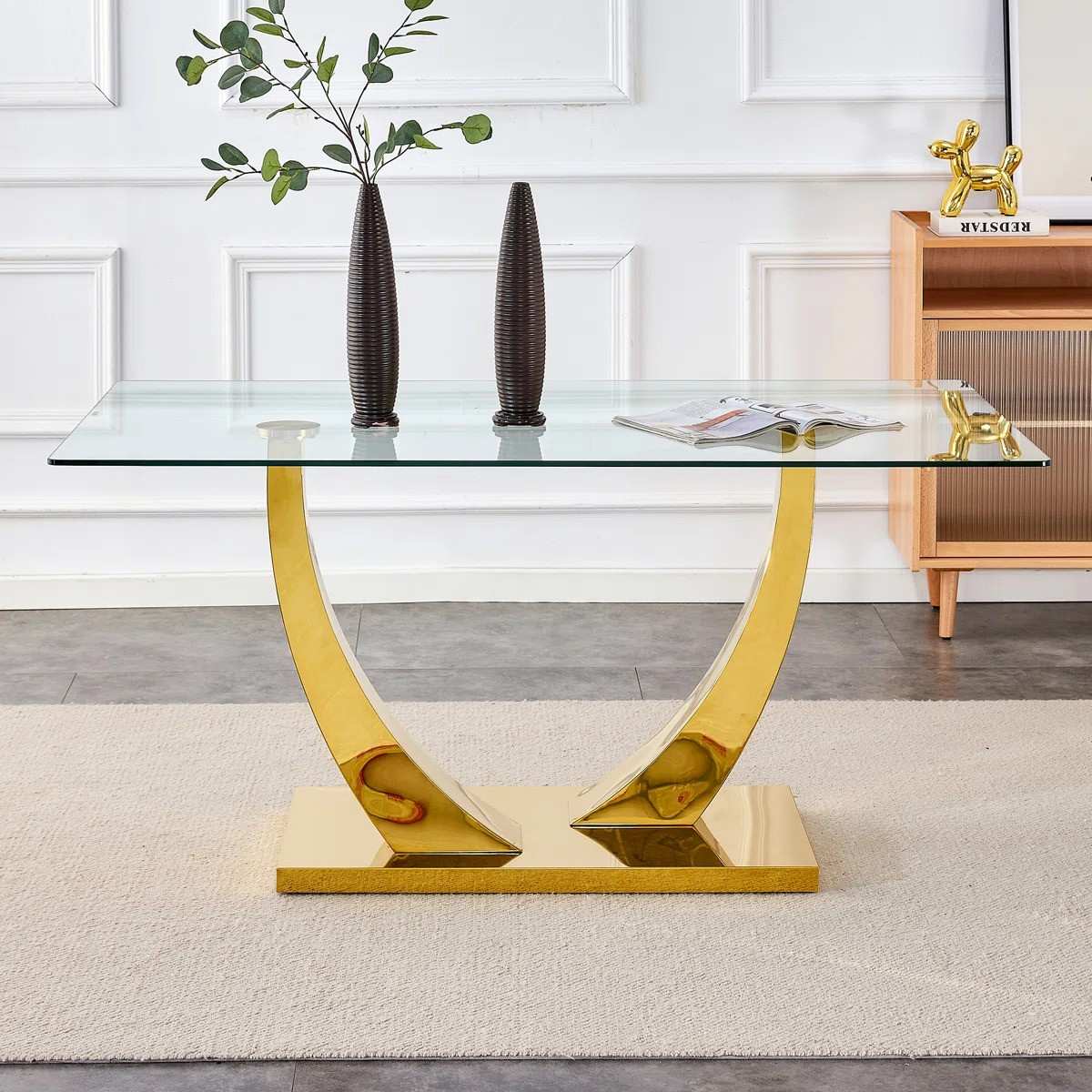 Modern 63" Rectangular Tempered Glass Dining Set with Pedestal Base and Tufted Velvet Chairs (Beige)