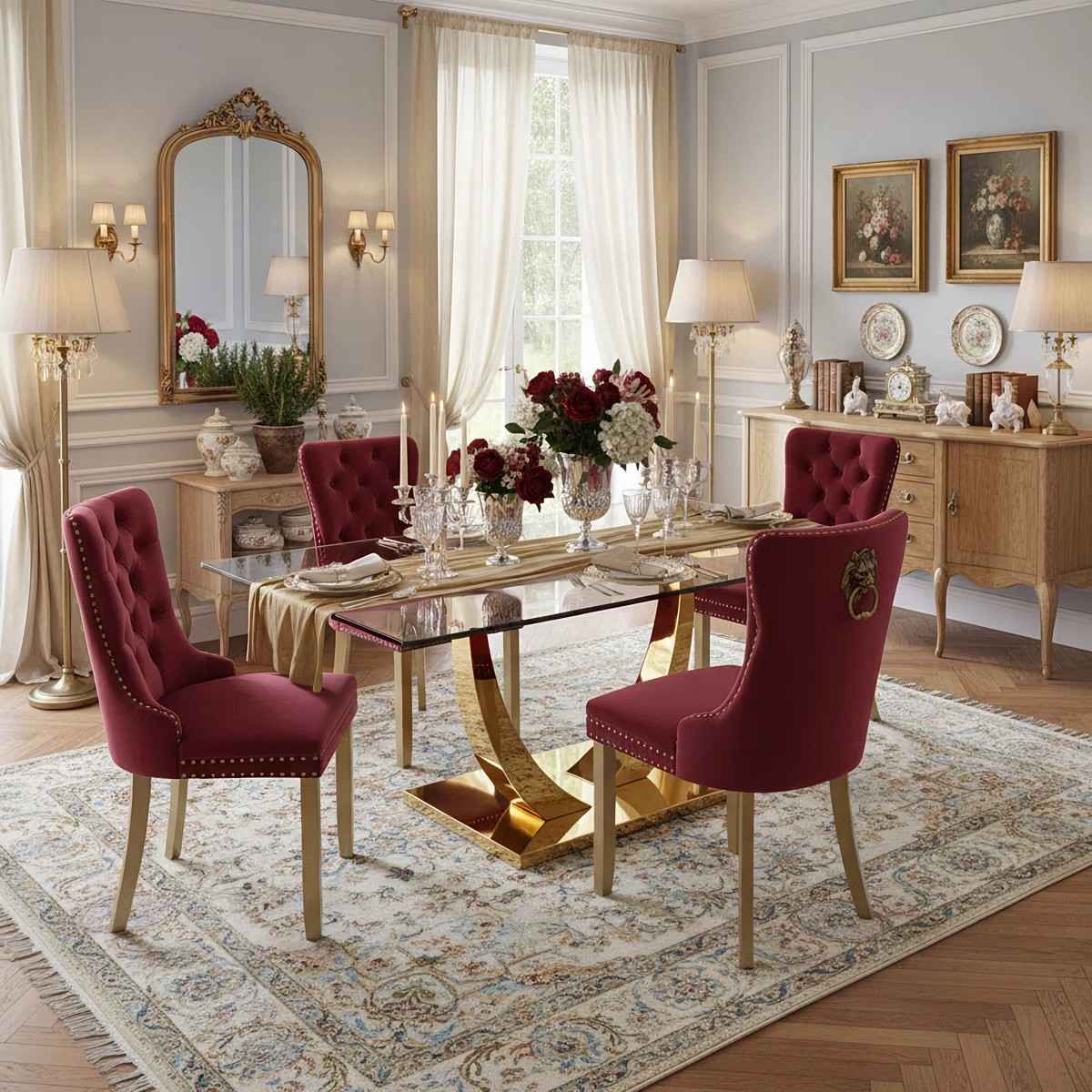 Modern 63" Rectangular Tempered Glass Dining Set with Pedestal Base and Tufted Velvet Chairs (Red)