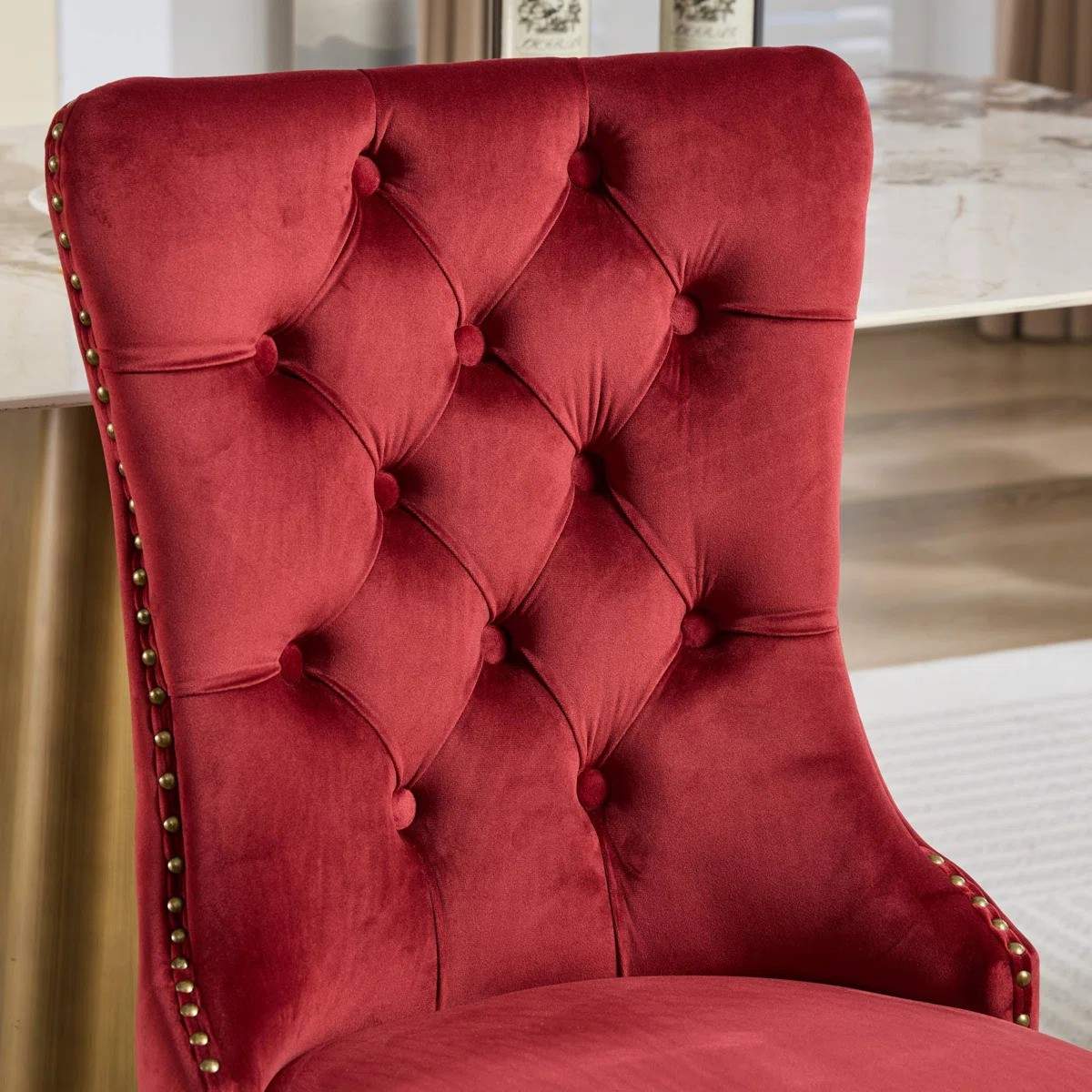 Modern 63" Rectangular Tempered Glass Dining Set with Pedestal Base and Tufted Velvet Chairs (Red)