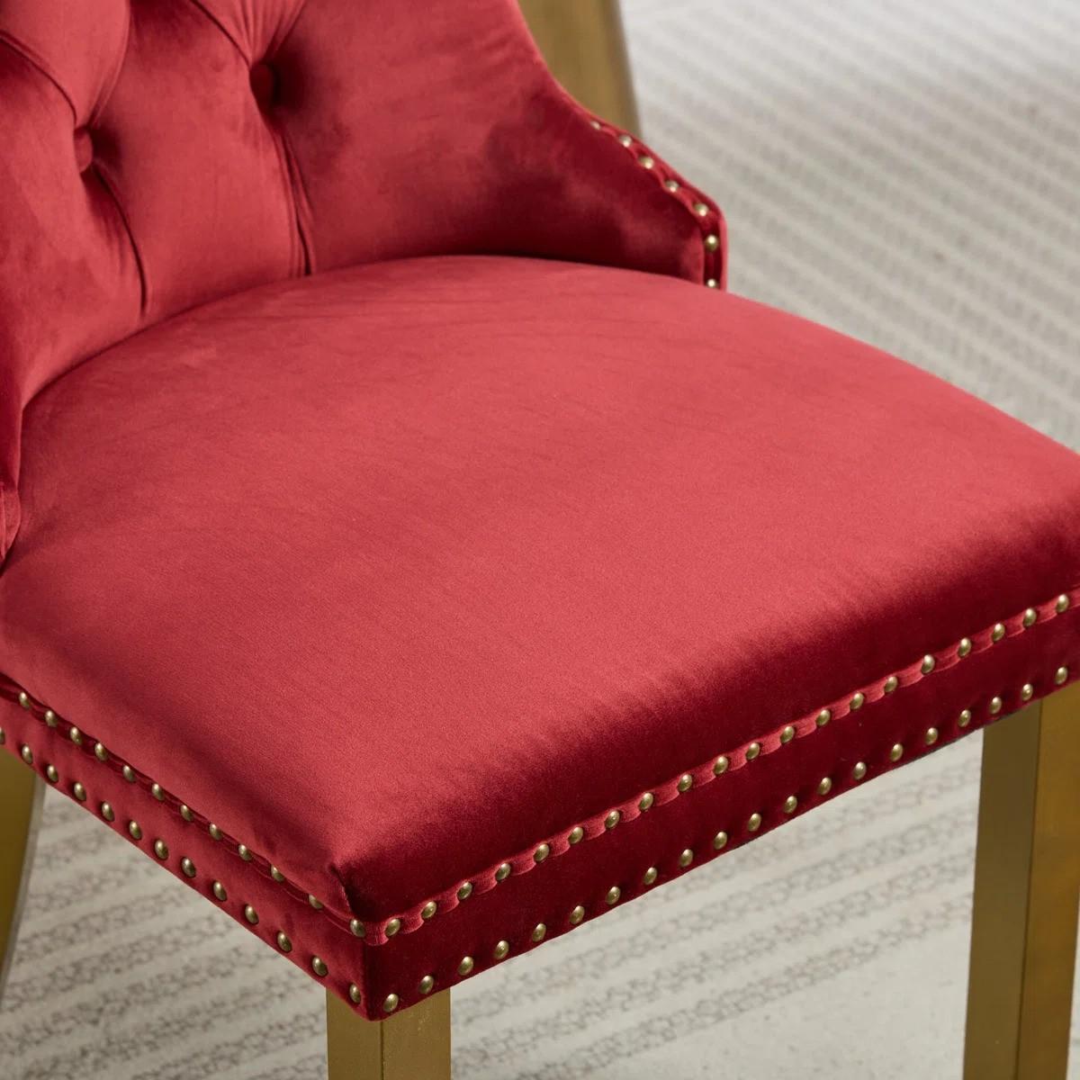 Modern 63" Rectangular Tempered Glass Dining Set with Pedestal Base and Tufted Velvet Chairs (Red)