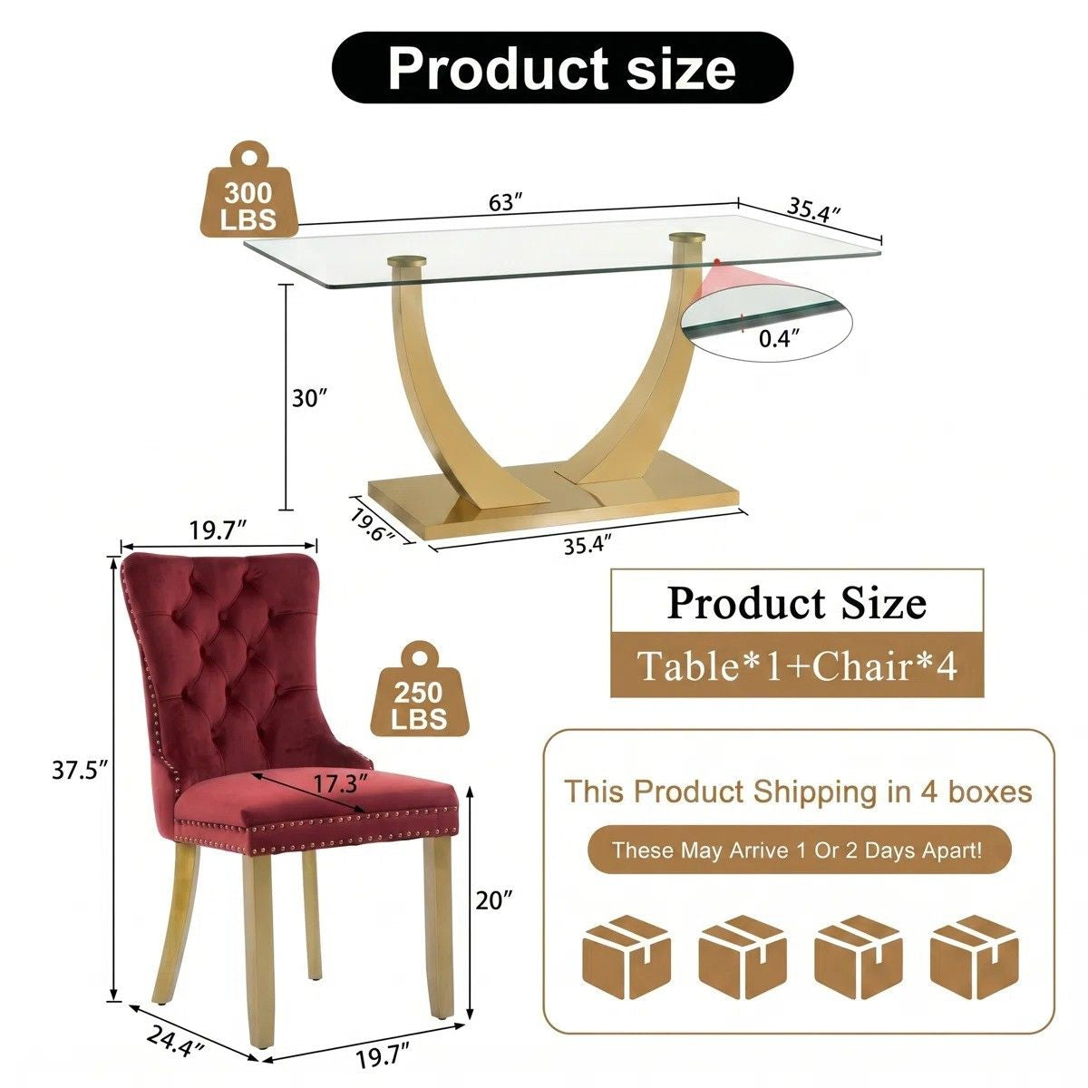 Modern 63" Rectangular Tempered Glass Dining Set with Pedestal Base and Tufted Velvet Chairs (Red)