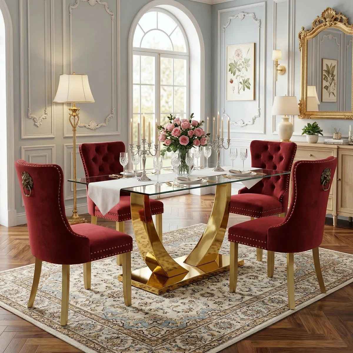 Modern 63" Rectangular Tempered Glass Dining Set with Pedestal Base and Tufted Velvet Chairs (Red)