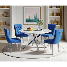 Round Dining Table Set, White Marble Dining Table & Velvet Dining Chairs with Stainless Steel Pedestal, 45" Dining Room Table and Chairs Set, Luxury Dining Table Set (Blue/Silver)