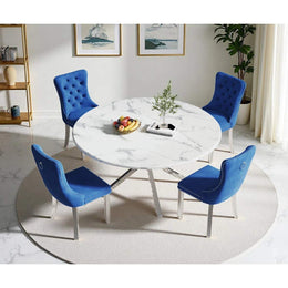 Round Dining Table Set, White Marble Dining Table & Velvet Dining Chairs with Stainless Steel Pedestal, 45" Dining Room Table and Chairs Set, Luxury Dining Table Set (Blue/Silver)