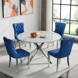 Round Dining Table Set, White Marble Dining Table & Velvet Dining Chairs with Stainless Steel Pedestal, 45" Dining Room Table and Chairs Set, Luxury Dining Table Set (Blue/Silver)