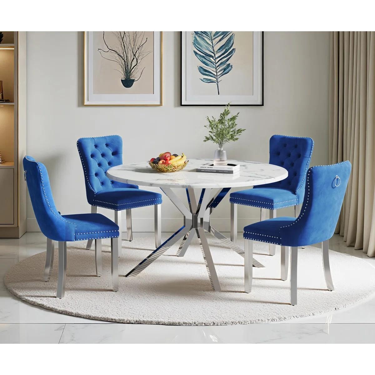 Round Dining Table Set, White Marble Dining Table & Velvet Dining Chairs with Stainless Steel Pedestal, 45" Dining Room Table and Chairs Set, Luxury Dining Table Set (Blue/Silver)