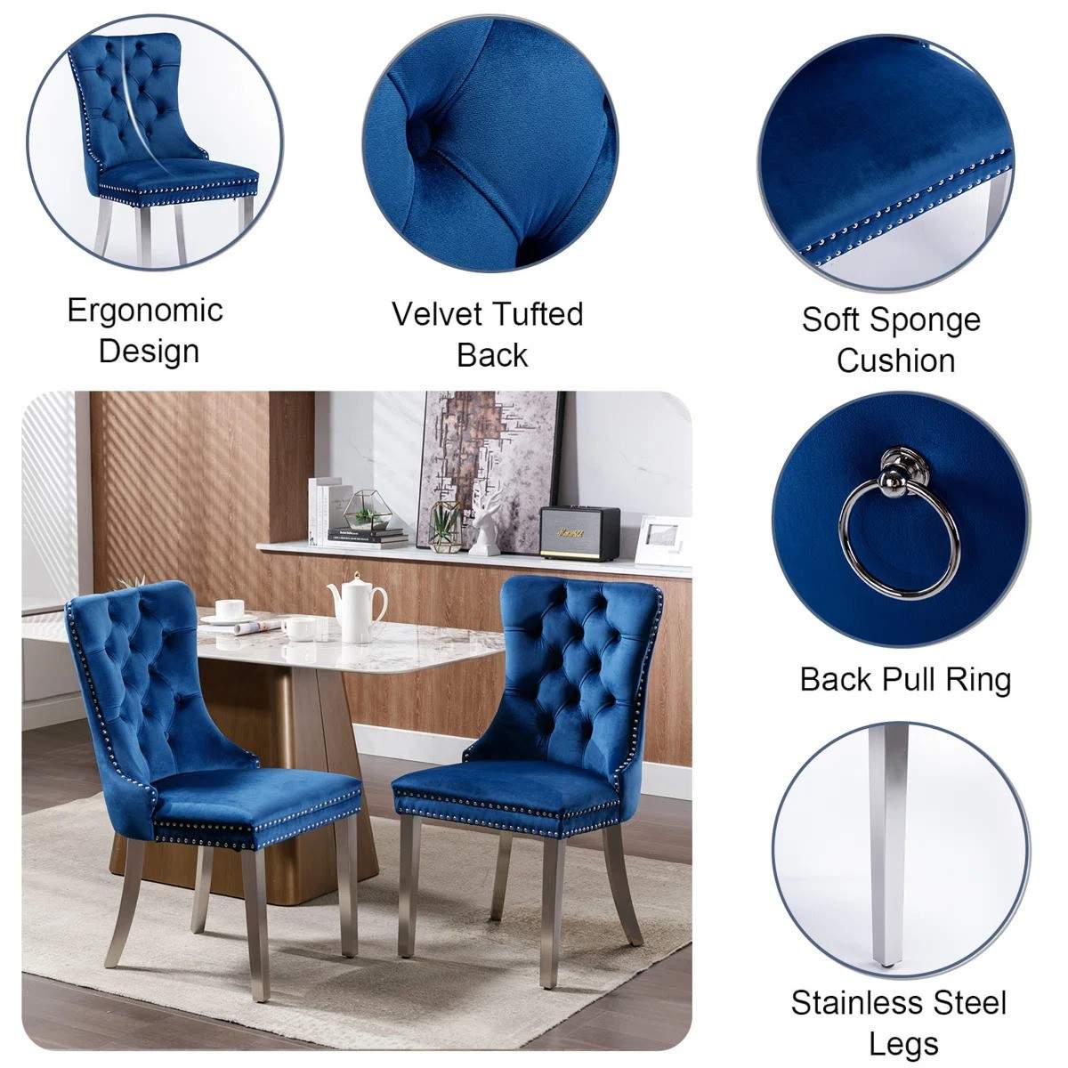 Round Dining Table Set, White Marble Dining Table & Velvet Dining Chairs with Stainless Steel Pedestal, 45" Dining Room Table and Chairs Set, Luxury Dining Table Set (Blue/Silver)
