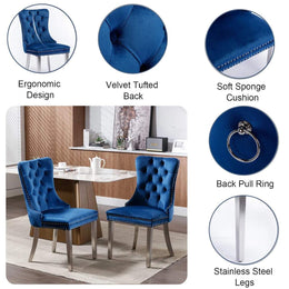 Round Dining Table Set, White Marble Dining Table & Velvet Dining Chairs with Stainless Steel Pedestal, 45" Dining Room Table and Chairs Set, Luxury Dining Table Set (Blue/Silver)