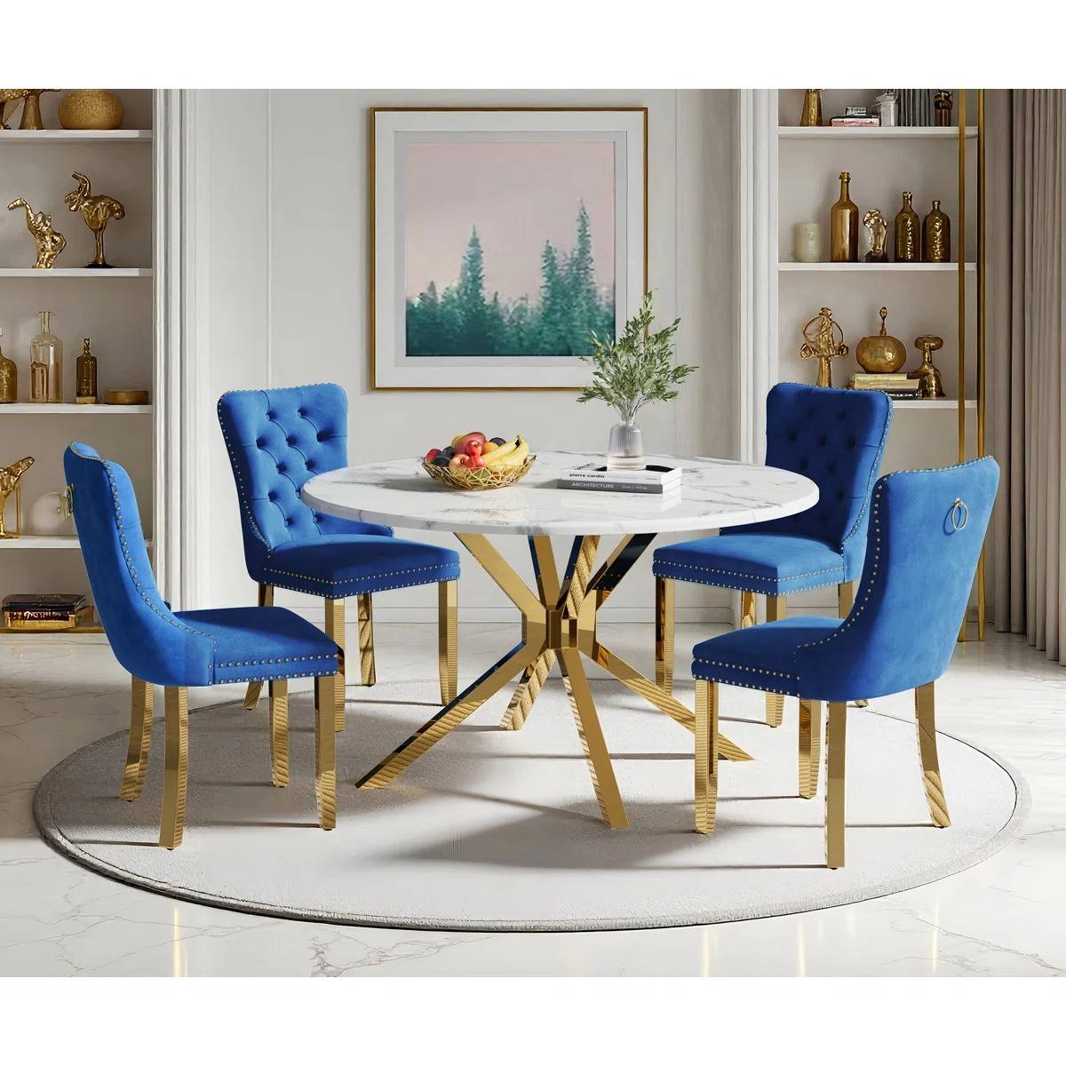 Round Dining Table Set, White Marble Dining Table & Velvet Dining Chairs with Stainless Steel Pedestal, 45" Dining Room Table and Chairs Set, Luxury Dining Table Set (Blue/Gold)