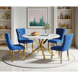 Round Dining Table Set, White Marble Dining Table & Velvet Dining Chairs with Stainless Steel Pedestal, 45" Dining Room Table and Chairs Set, Luxury Dining Table Set (Blue/Gold)