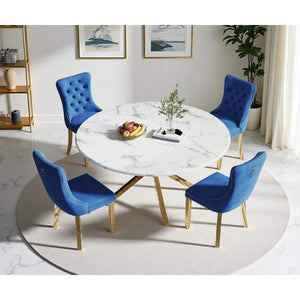 Round Dining Table Set, White Marble Dining Table & Velvet Dining Chairs with Stainless Steel Pedestal, 45" Dining Room Table and Chairs Set, Luxury Dining Table Set (Blue/Gold)