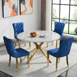 Round Dining Table Set, White Marble Dining Table & Velvet Dining Chairs with Stainless Steel Pedestal, 45" Dining Room Table and Chairs Set, Luxury Dining Table Set (Blue/Gold)